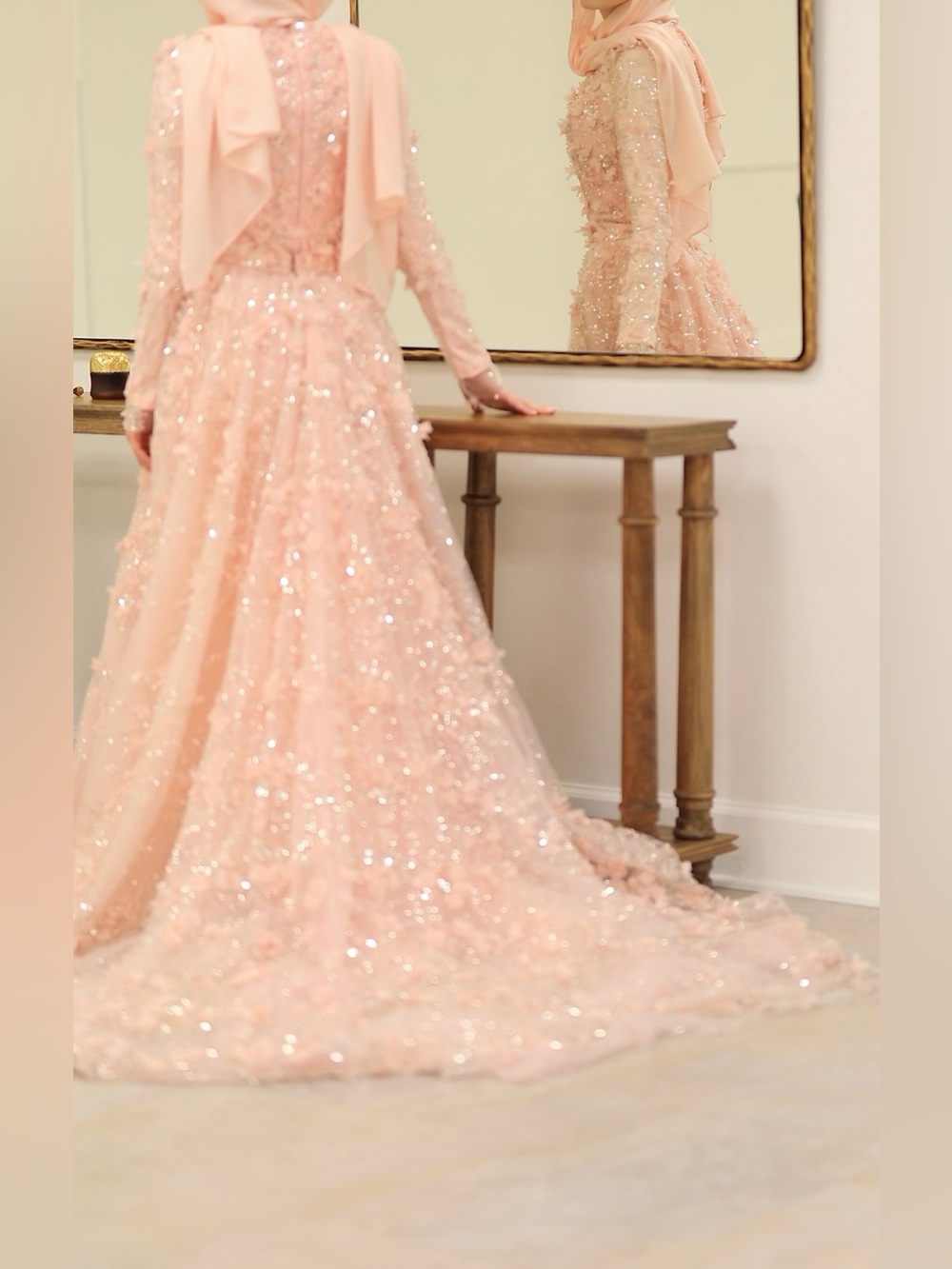 Teuta Matoshi Blush Pink 3D Floral Long Sleeve Gown - Picture 5 of 12